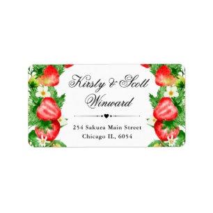 Watercolor Aardbeien en Bloemen adres Etiket