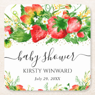 Watercolor Aardbeien en Bloemen Baby Shower Kartonnen Onderzetters