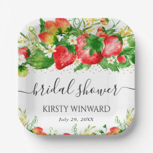 Watercolor Aardbeien en Bloemen Bruidsdiner Papieren Bordje