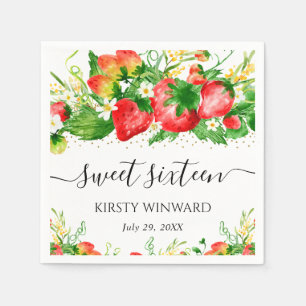 Watercolor Aardbeien en Bloemen Sweet Sixteen Servet