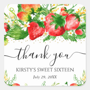Watercolor Aardbeien en Bloemen Sweet Sixteen Vierkante Sticker
