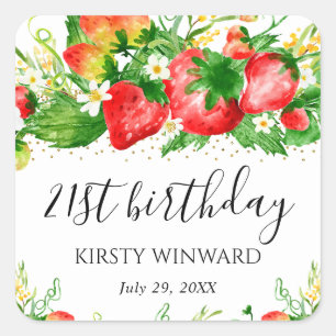Watercolor Aardbeien en Bloemen Verjaardag Vierkante Sticker
