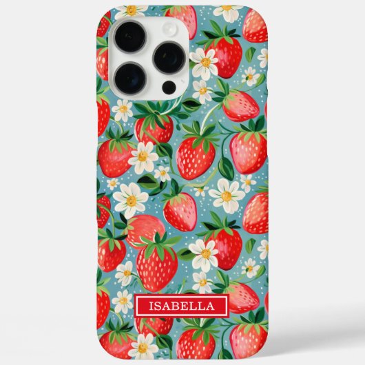 Watercolor Aardbeien Op Blauwe Monogram Case-Mate iPhone Case (Achterkant)