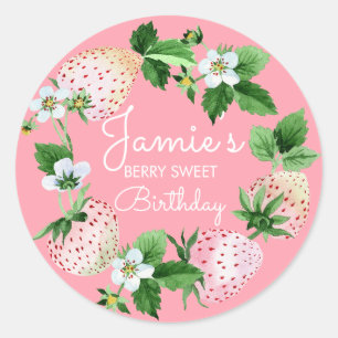 Watercolor Aardbeien Witte Eerste Verjaardagsfeest Ronde Sticker