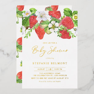 Watercolor Aardbeien Zomer Baby Shower Folie Uitnodiging