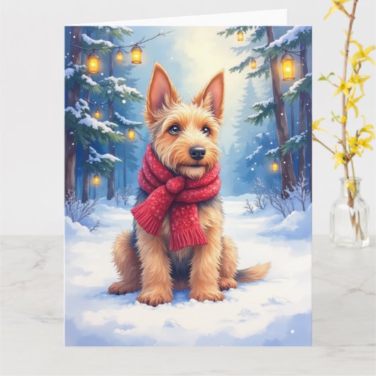Watercolor Airedale Terrier Snowy Christmas Kaart (Gele Bloem)