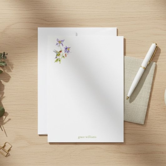 Watercolor Akelei met Kolibrie Gepersonaliseerd Briefpapier