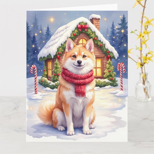 Watercolor Akita Gingerbread House Christmas  Kaart (Gele Bloem)