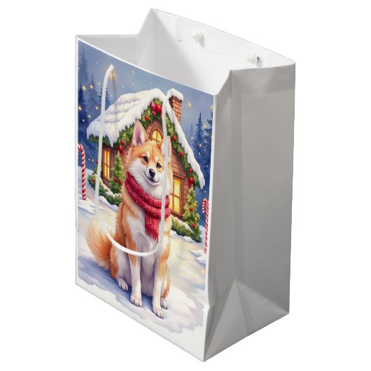 Watercolor Akita Gingerbread House Christmas  Medium Cadeauzakje (Voorkant Gekanteld)