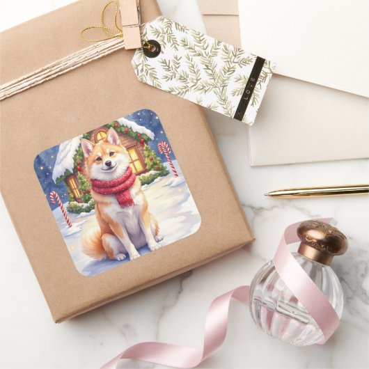 Watercolor Akita Gingerbread House Christmas  Vierkante Sticker (Geschenken)