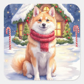 Watercolor Akita Gingerbread House Christmas  Vierkante Sticker (Voorkant)