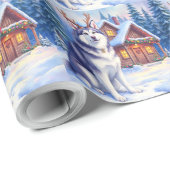 Watercolor Alaskan Malamute Reindeer Christmas Cadeaupapier (Rol Hoek)