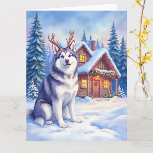 Watercolor Alaskan Malamute Reindeer Christmas Kaart (Gele Bloem)
