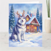 Watercolor Alaskan Malamute Reindeer Christmas Kaart (Voorkant)