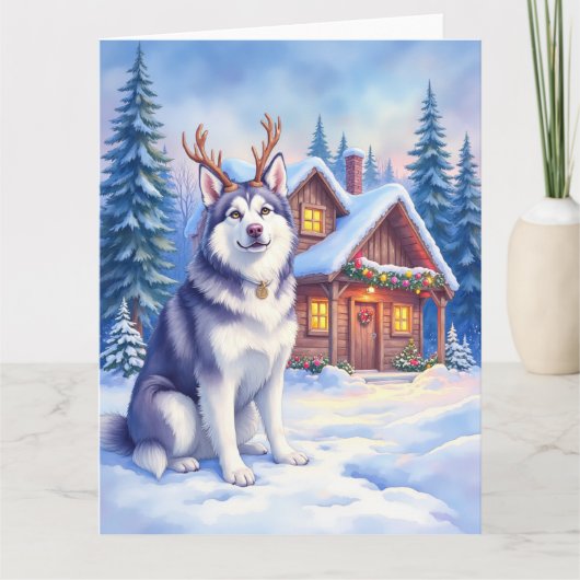 Watercolor Alaskan Malamute Reindeer Christmas Kaart (Voorkant)