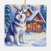 Watercolor Alaskan Malamute Reindeer Christmas Keramisch Ornament (Achterkant)