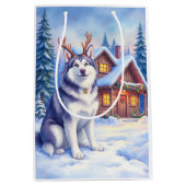 Watercolor Alaskan Malamute Reindeer Christmas Medium Cadeauzakje (Voorkant)