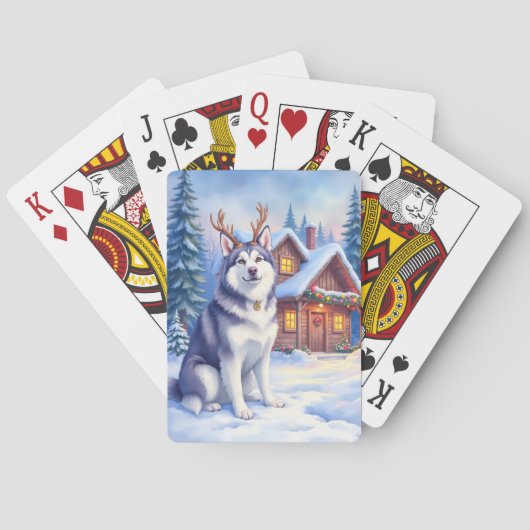 Watercolor Alaskan Malamute Reindeer Christmas Pokerkaarten (Achterkant)