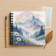 Watercolor Alpine Landscape with Wildflowers