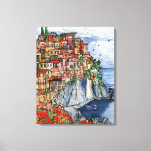 Watercolor Amalfi-kust van Italië scène Canvas Afdruk