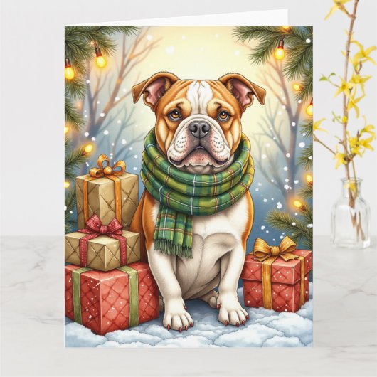 Watercolor American Bulldog Christmas Holiday Kaart (Gele Bloem)