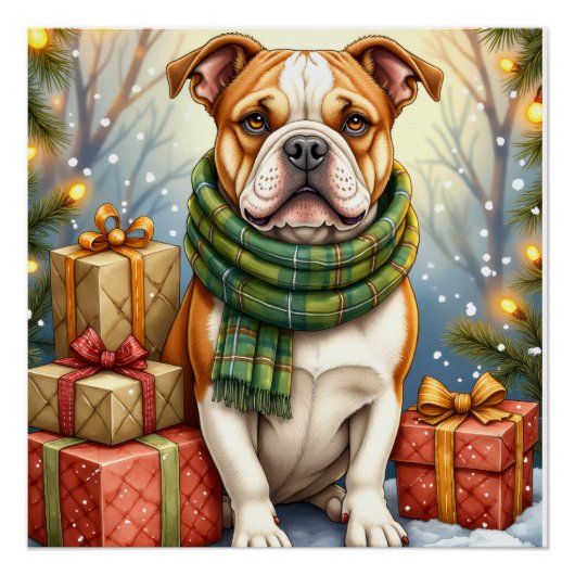Watercolor American Bulldog Christmas Holiday Perfect Poster (Voorkant)