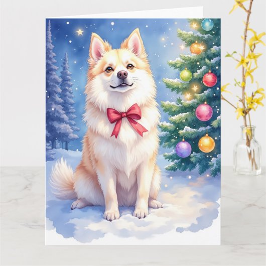 Watercolor American Eskimo Dog Sparkling Christmas Kaart (Gele Bloem)