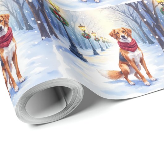 Watercolor American Foxhound Snowy Lamppost Cadeaupapier (Rol Hoek)