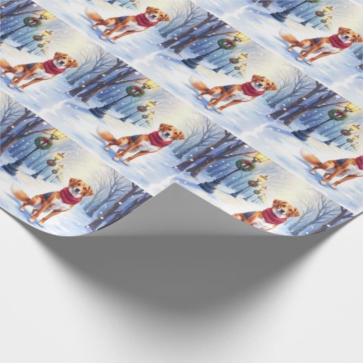 Watercolor American Foxhound Snowy Lamppost Cadeaupapier (Hoek)