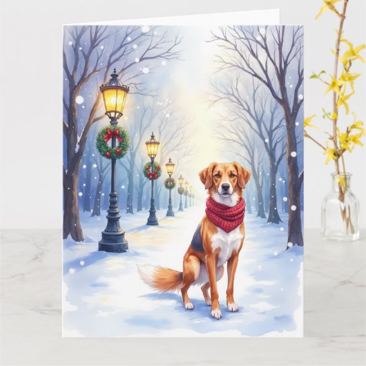 Watercolor American Foxhound Snowy Lamppost Kaart (Gele Bloem)