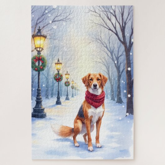 Watercolor American Foxhound Snowy Lamppost Legpuzzel (Verticaal)