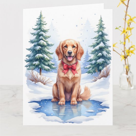 Watercolor American Water Spaniel Frozen Pond Kaart (Gele Bloem)