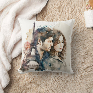 Watercolor Amour in Parijs Kussen
