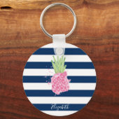 Watercolor Ananas Tropisch ,Marineblauw Gestrept   Sleutelhanger (Voorkant)