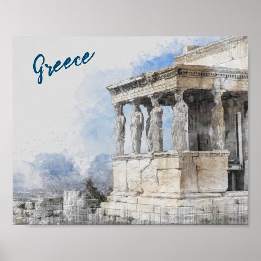 Watercolor Ancient Sites ruins in Athens, Greece Poster (Voorkant)