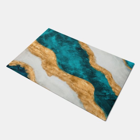 Watercolor and gold Turquoise Wave Abstract Deurmat (Schuin)