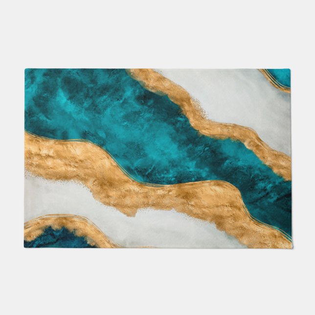 Watercolor and gold Turquoise Wave Abstract Deurmat (Voorkant)