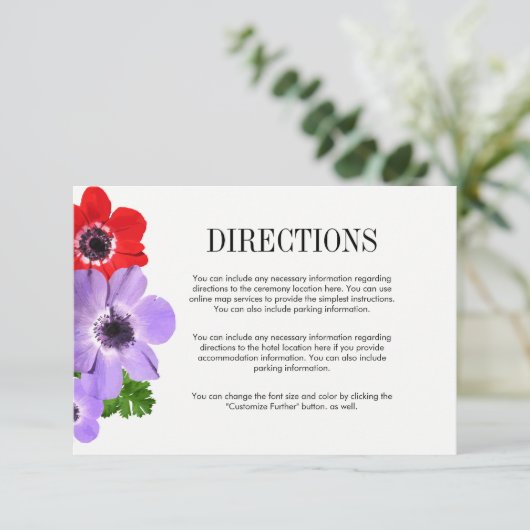 Watercolor Anemone Bloem Bruiloft Richtingkaart Kaart (Staand voorkant)