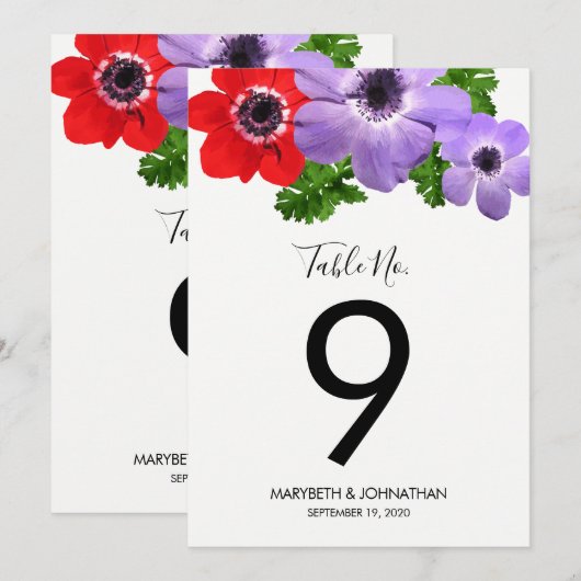Watercolor Anemone Bloemstuk Tafel Nummerkaart Kaart (Voorkant / Achterkant)