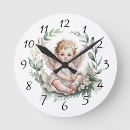 Watercolor Angel Wings Baptism Green Ronde Klok