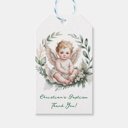 Watercolor Angel Wings Baptism Green Thank You Cadeaulabel (Voorkant)