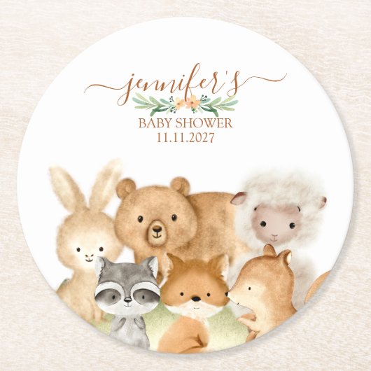 Watercolor Animals Baby Shower Rustic Ronde Kartonnen Onderzetter (Voorkant)