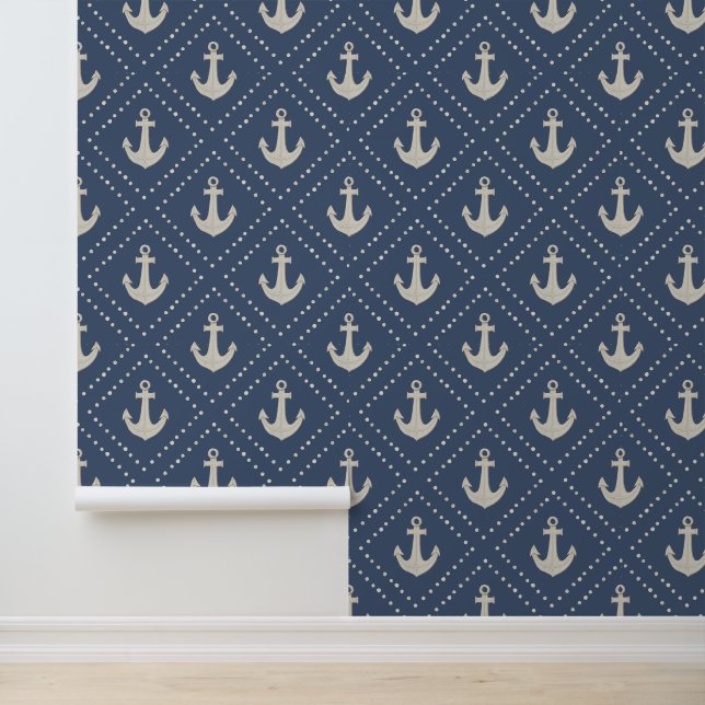 Watercolor Anker Diamant Navy Kust Behang (Applicatie)