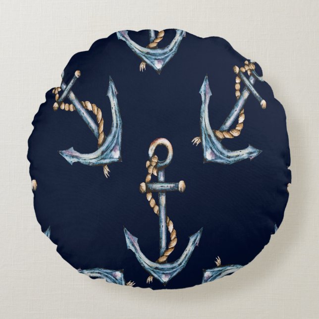 Watercolor Ankers Marineblauw Rond Kussen (Voorkant)