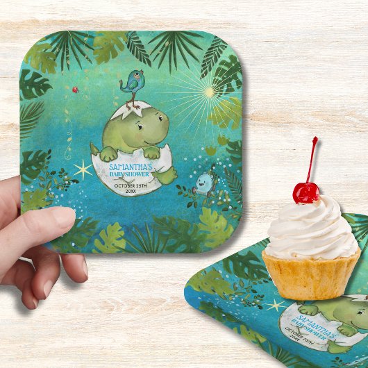 Watercolor Aqua Green Dinosaur Party Plates Papieren Bordje