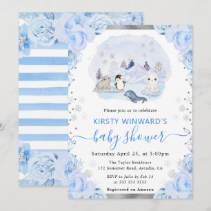Watercolor Arctische Dieren Bloemrijke Baby Shower Kaart