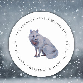 Watercolor Arctische Vos Prettig Kerstmis Familien Ronde Sticker