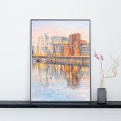 Watercolor Art – Modern City Reflection at Sunset Poster