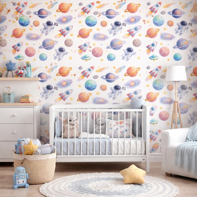Watercolor Astronaut Galaxy Pattern Space Nursery Behang (Creator heeft geüpload)