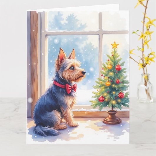 Watercolor Australian Terrier Tabletop Christmas Kaart (Gele Bloem)